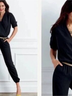 cabi Casey Jumpsuit Womens Medium Black Wrap Surplice Jogger Style 3133 Pockets